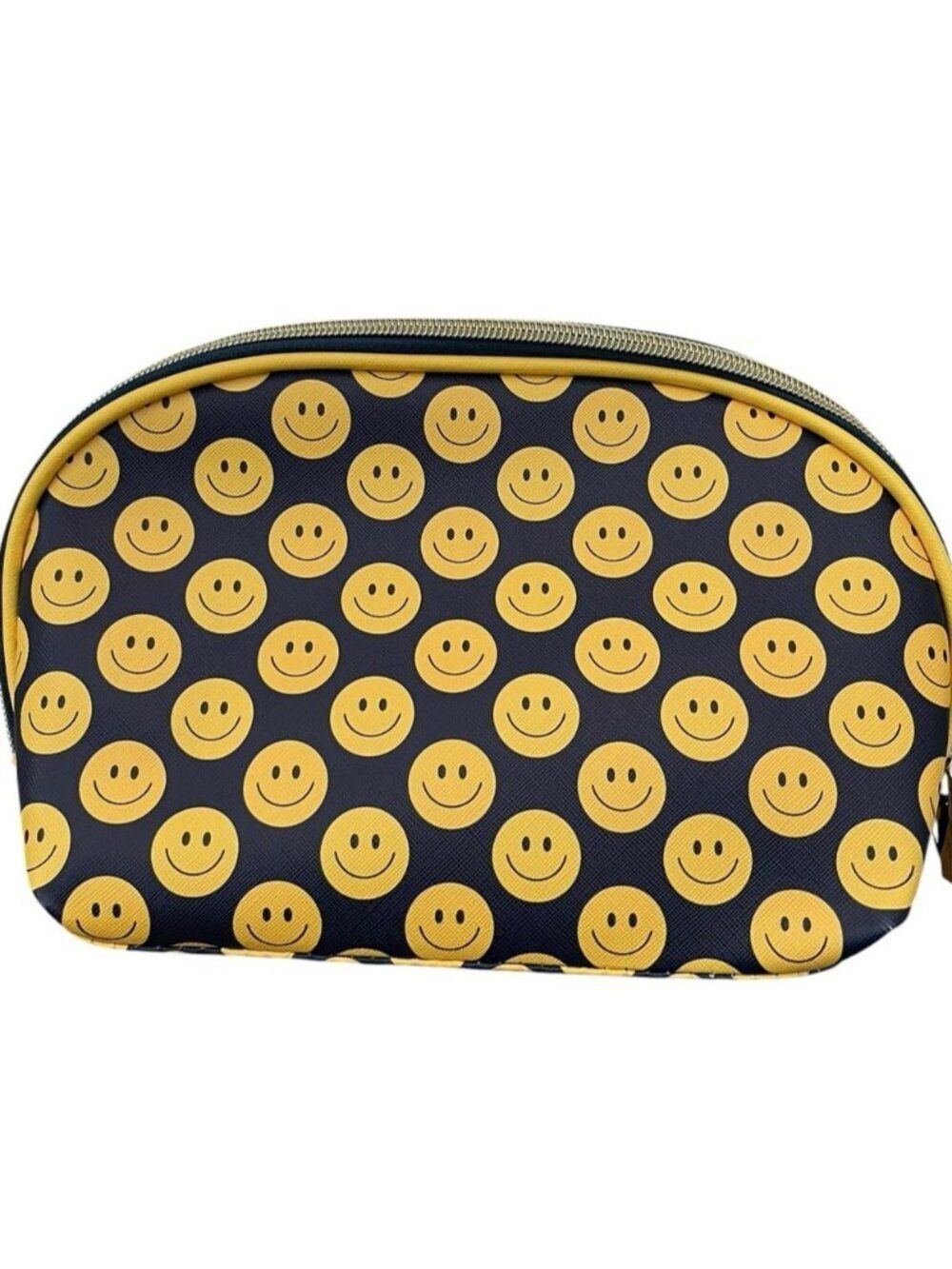 Smiley Face Cosmetic Makeup Travel Bag Zips Black Yellow Happy Face Smile NWT